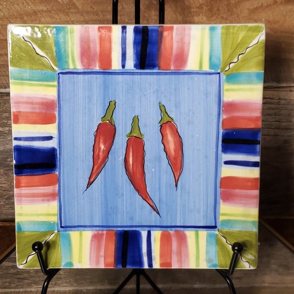 Certified International "Serape" Pattern Ceramic Tile Trivet - Chili Peppers - Picture 4 of 7